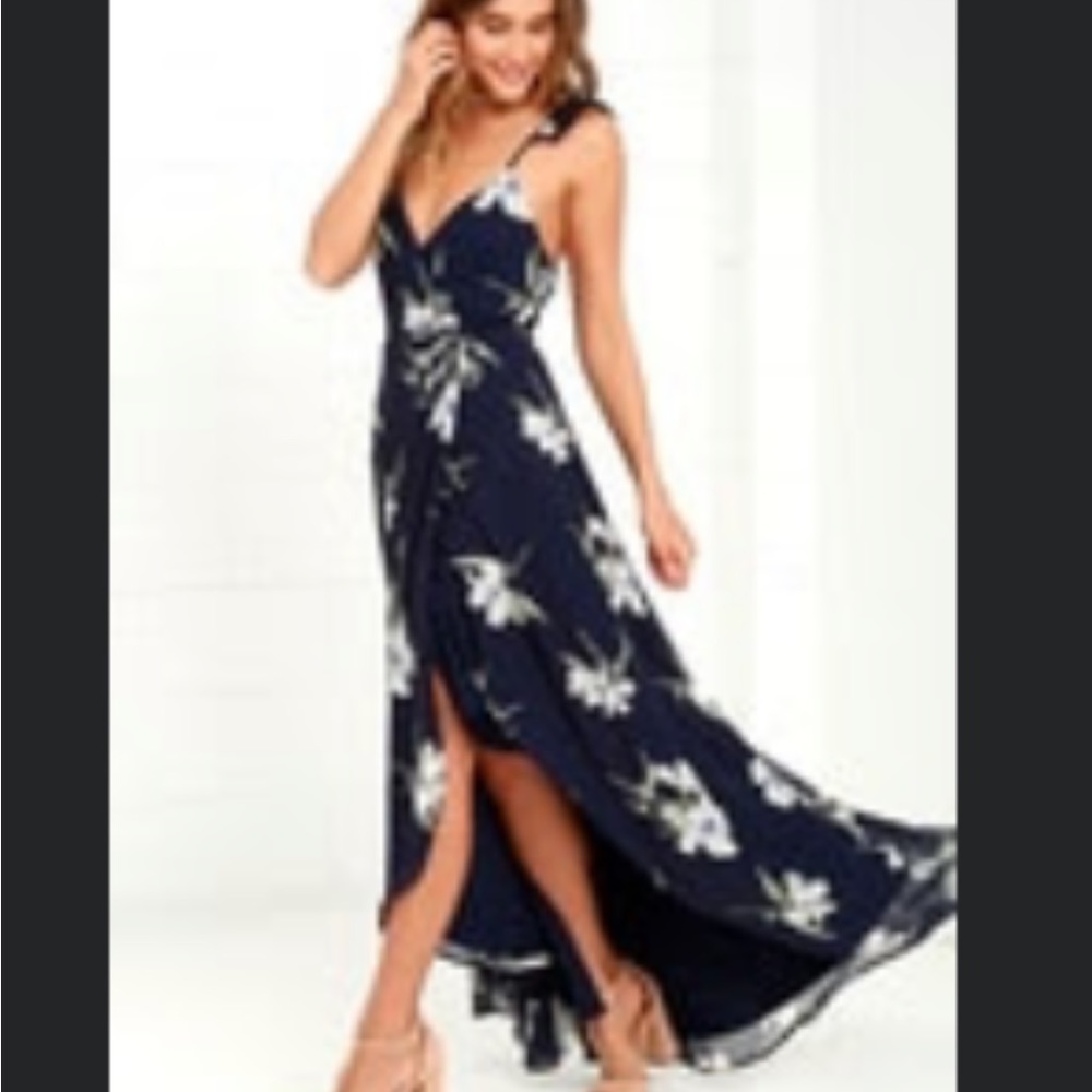 “All Mine” navy blue Floral Print high low wrap dress - Lulus